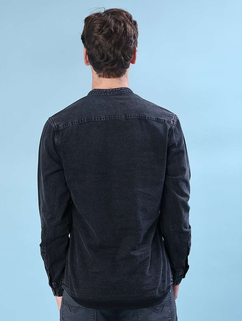 men solid mandain collar long sleeve denim shirt - 22031941 -  Standard Image - 3