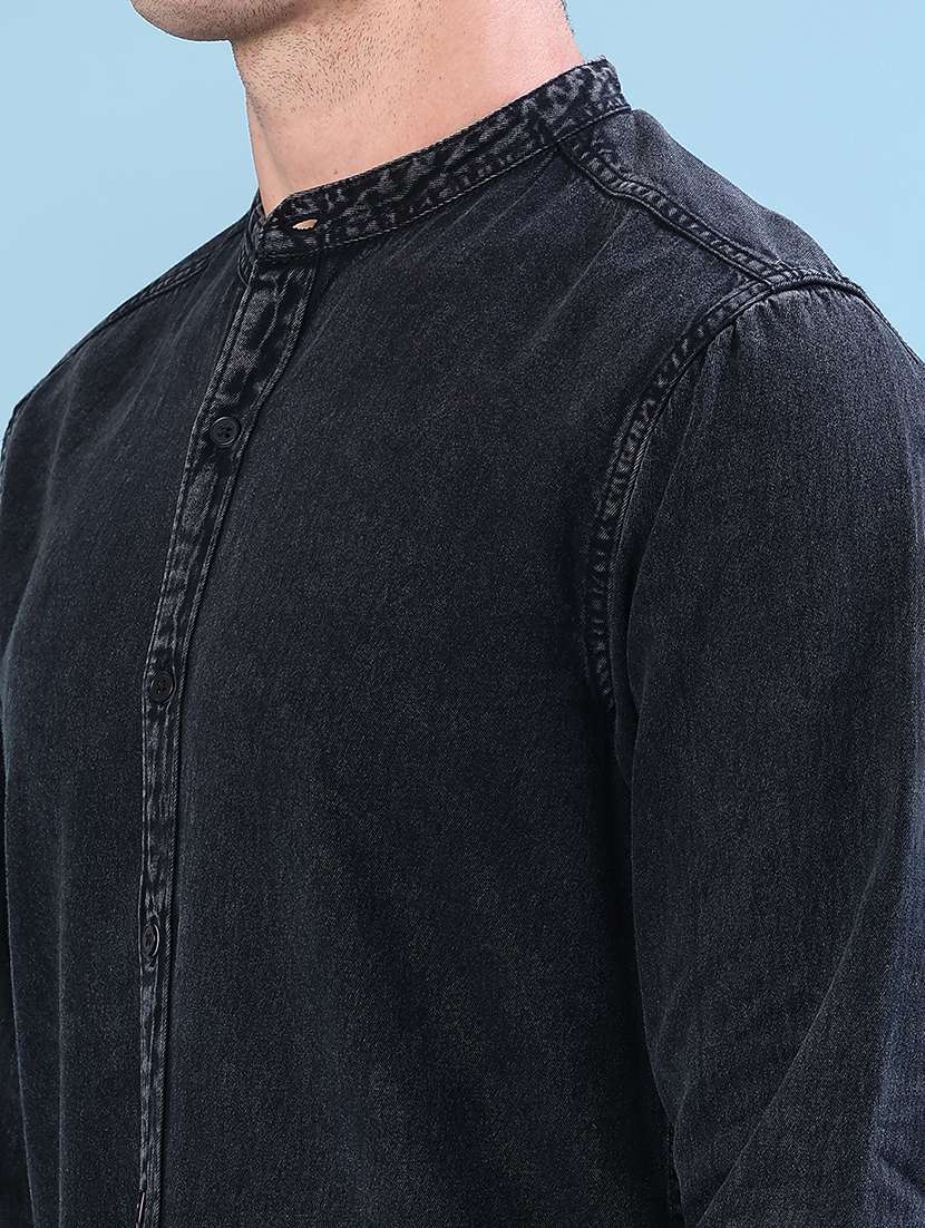 men solid mandain collar long sleeve denim shirt - 22031941 -  Standard Image - 5