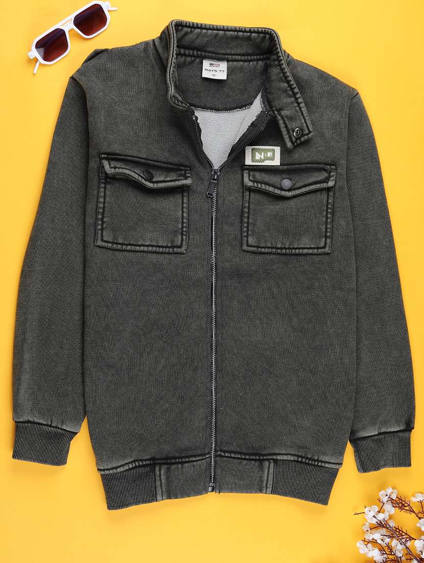 boys solid mandarin neck long sleeve jacket