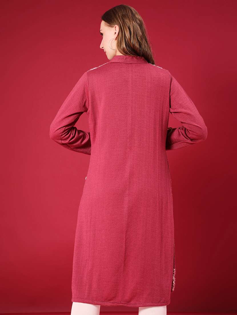 women self design long sleeve woolen kurta - 22031958 -  Standard Image - 3