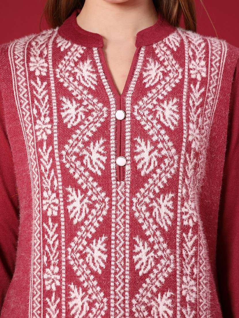 women self design long sleeve woolen kurta - 22031958 -  Standard Image - 5