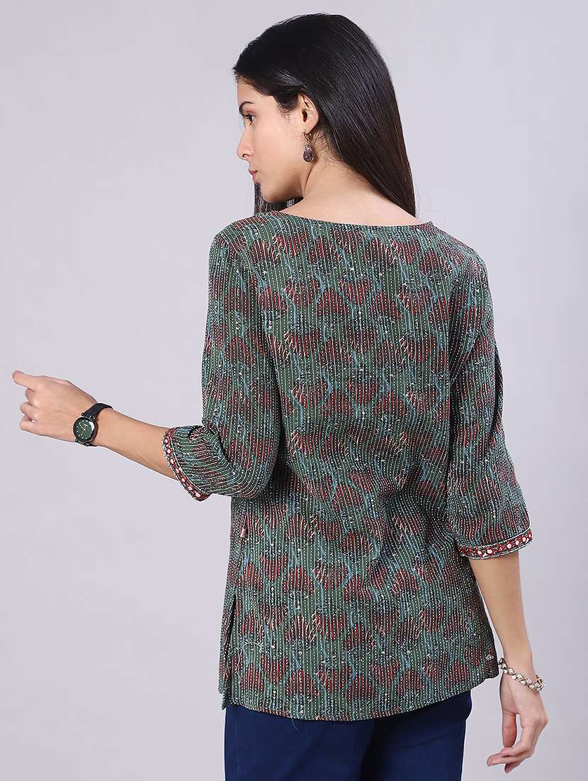 women floral printed three quarter sleeve straight kurti - 22031989 -  Standard Image - 3