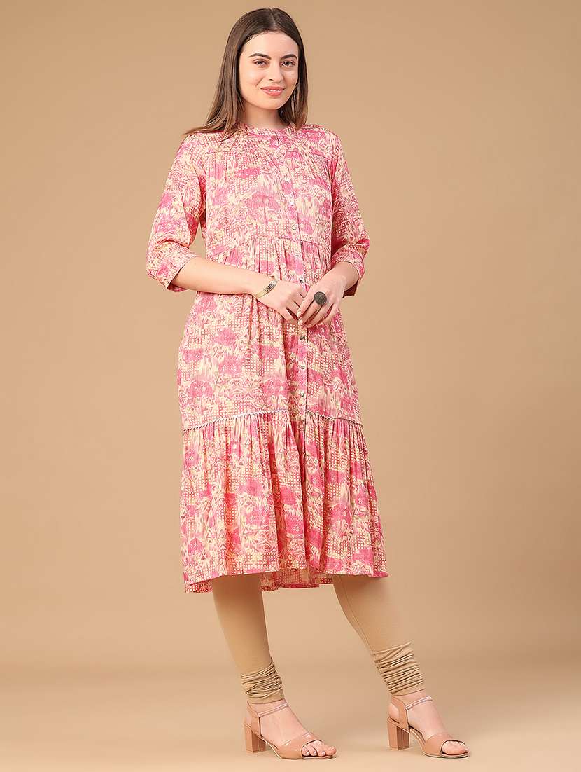women printed three quarter sleeve tiered kurta - 22032002 -  Standard Image - 3