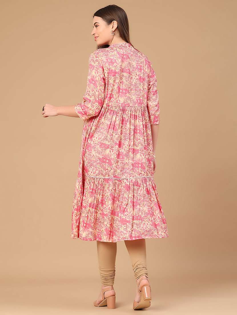women printed three quarter sleeve tiered kurta - 22032002 -  Standard Image - 5