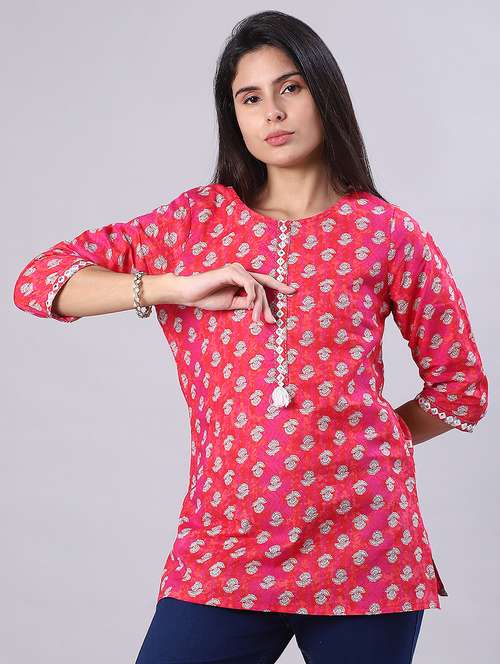 women floral printed three quarter sleeve straight kurti - 22032008 -  Standard Image - 0