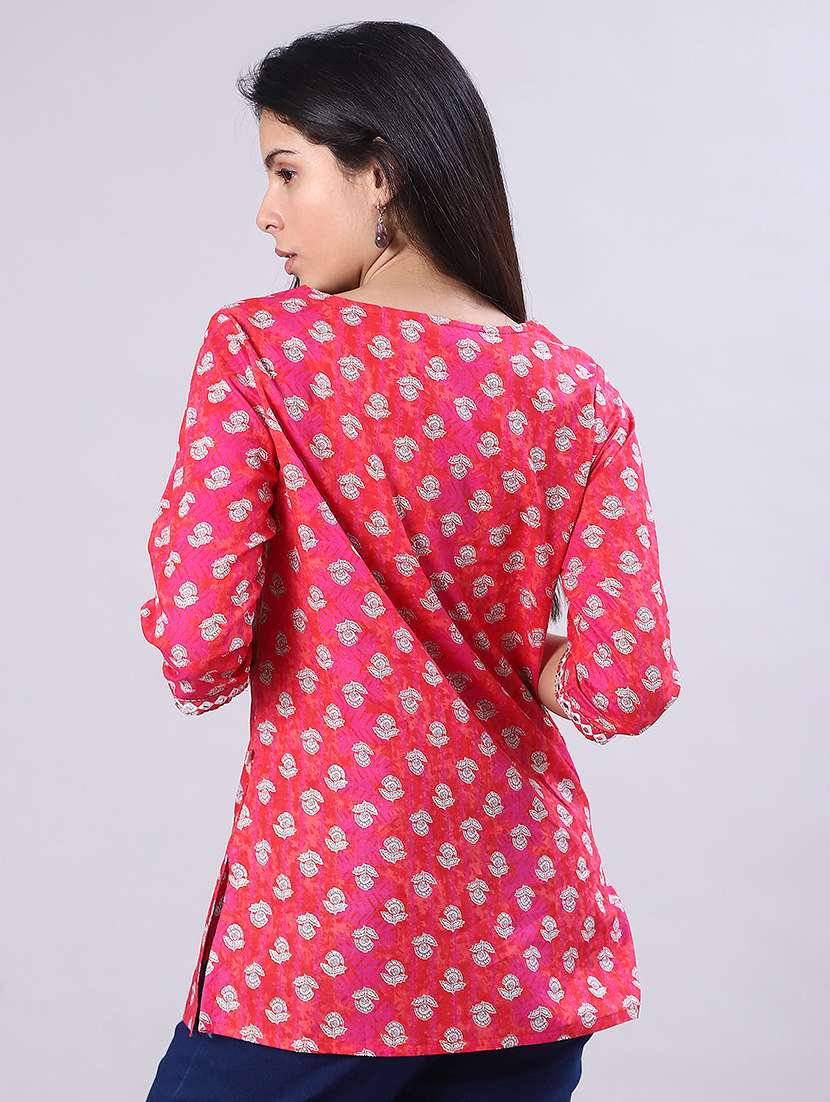 women floral printed three quarter sleeve straight kurti - 22032008 -  Standard Image - 3