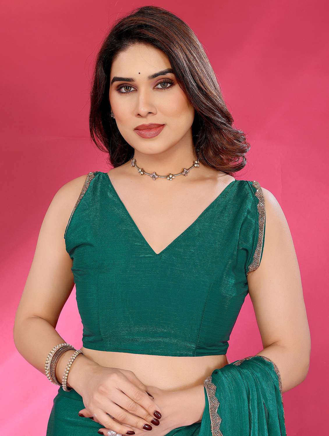 women solid with bordered embellished saree with blouse - 22032251 -  Standard Image - 5