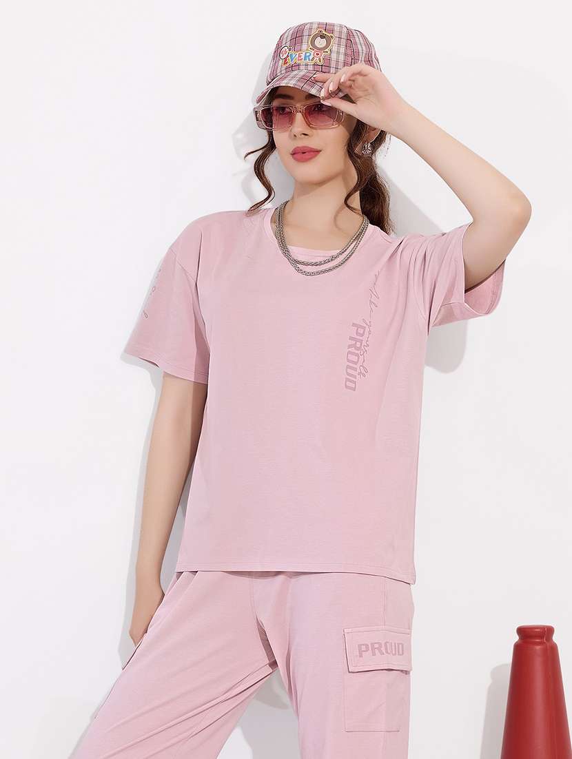 women solid relaxed fit t-shirt and trouser co-ord set - 22033332 -  Standard Image - 3