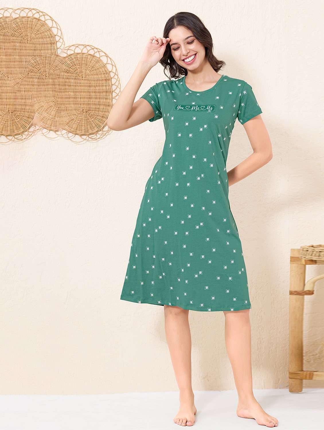 green cotton women printed short sleeve sleepshirt sleepshirts & nighty