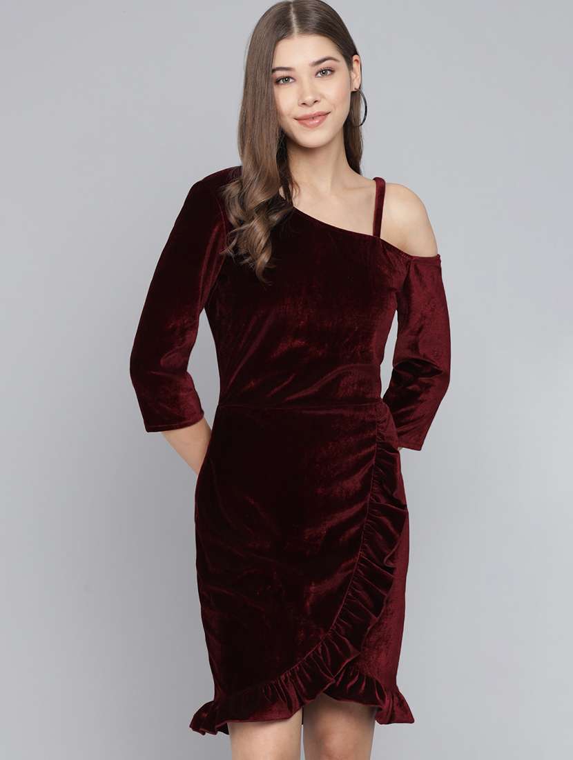 women solid asymmetric neck sheath dress