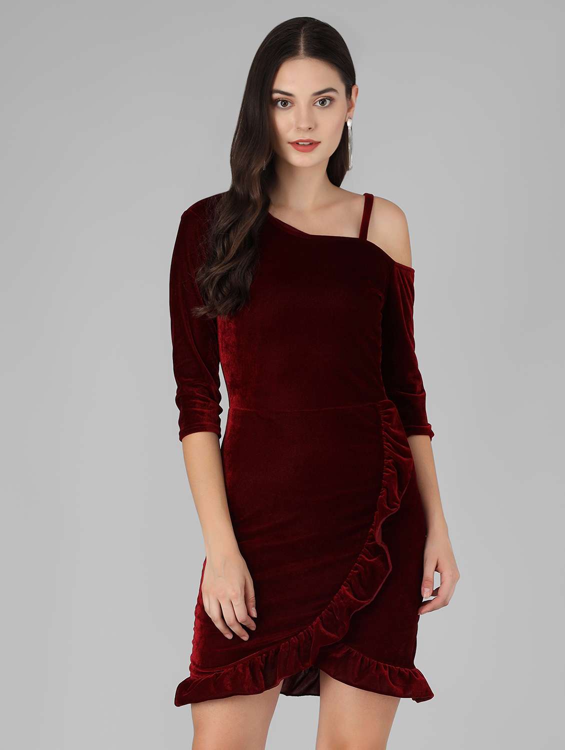 women solid asymmetric neck sheath dress