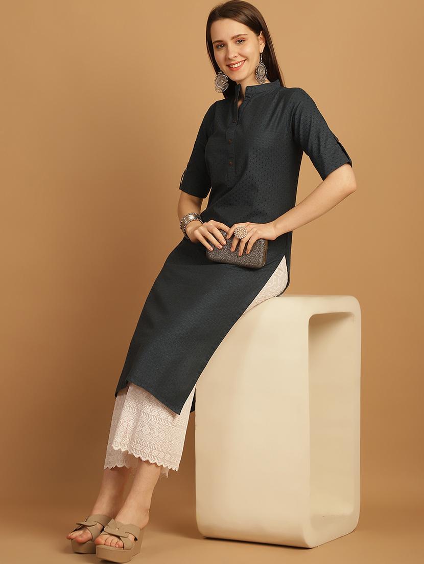 women self design roll up sleeve straight kurta - 22033473 - Zoom Image - 0