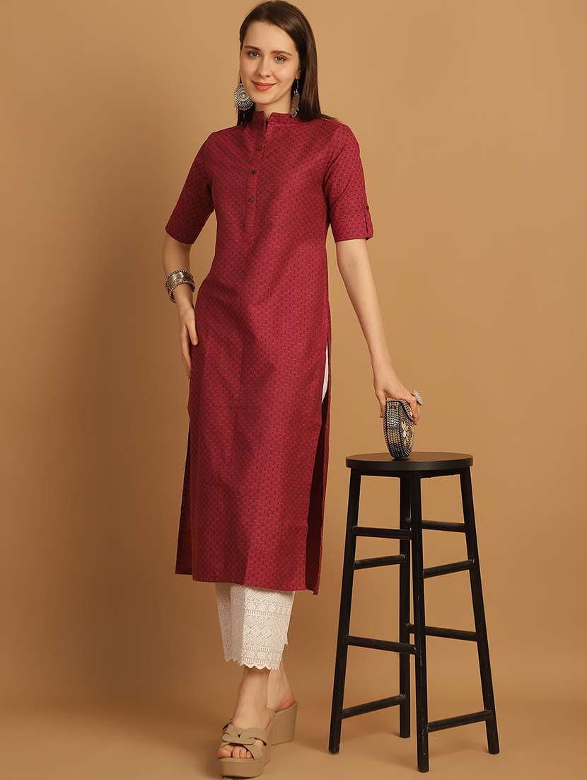 women self design roll up sleeve straight kurta