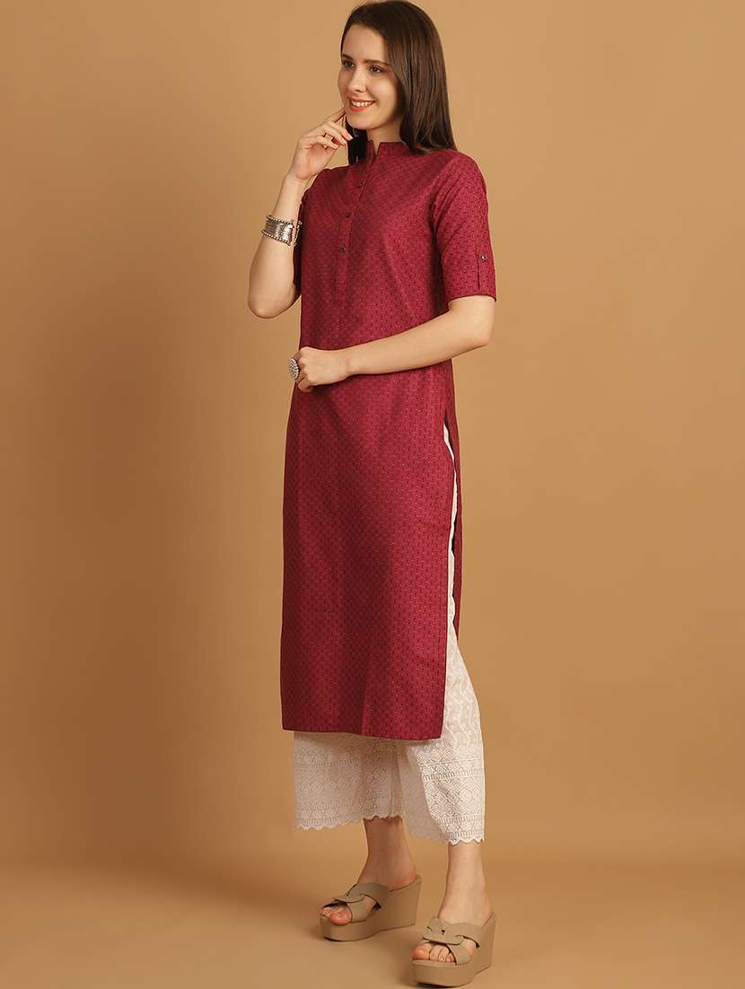 women self design roll up sleeve straight kurta - 22033479 - Standard Image - 3