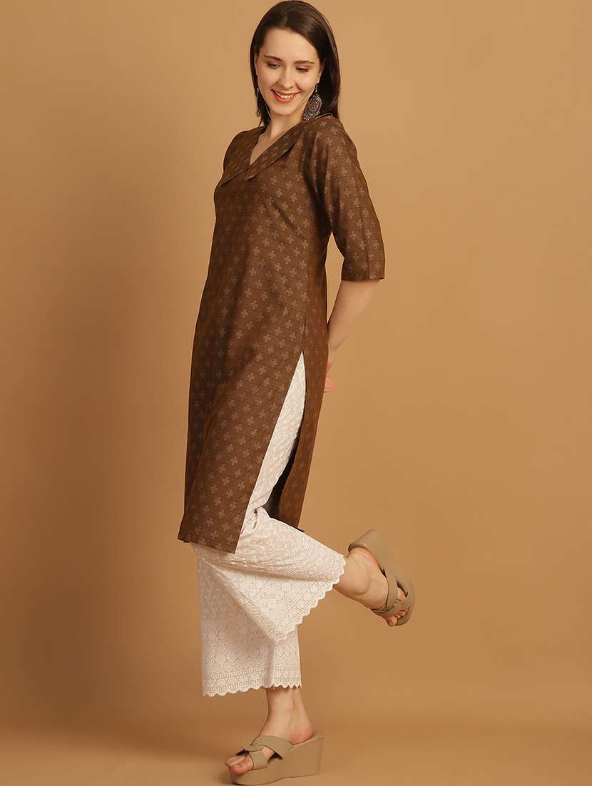 women self design three quarter sleeve straight kurta - 22033481 - Standard Image - 3