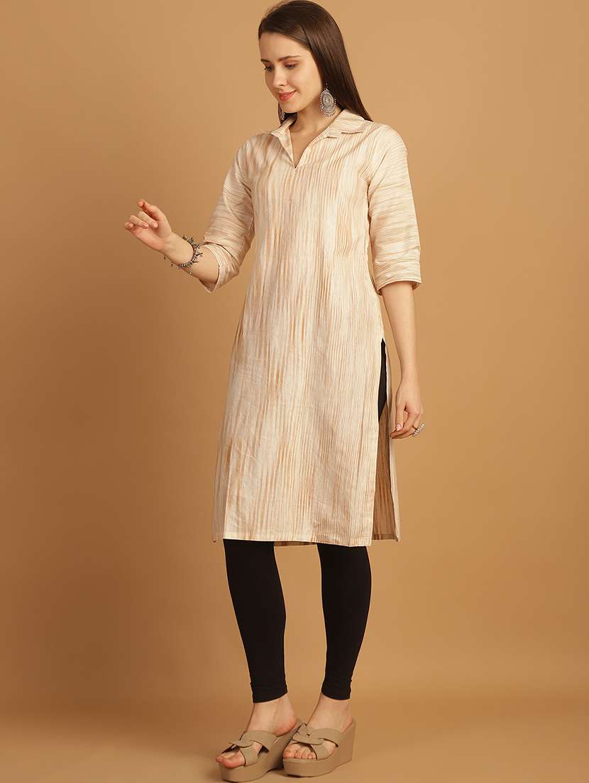 women self design three quarter sleeve straight kurta - 22033487 - Standard Image - 3