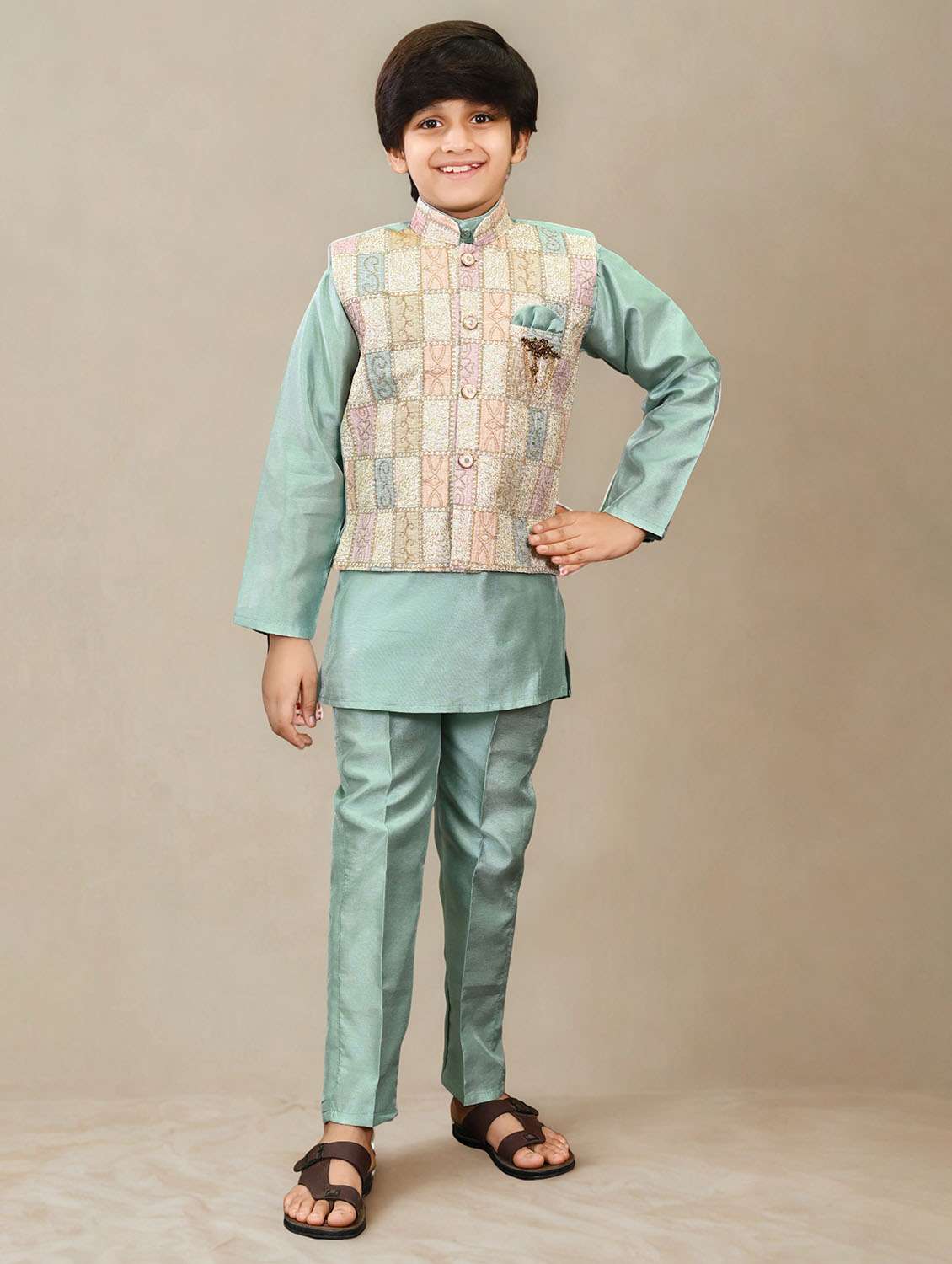 boys solid kurta and pyjama with embroidered nehru jacket  - 22033573 -  Zoom Image - 0