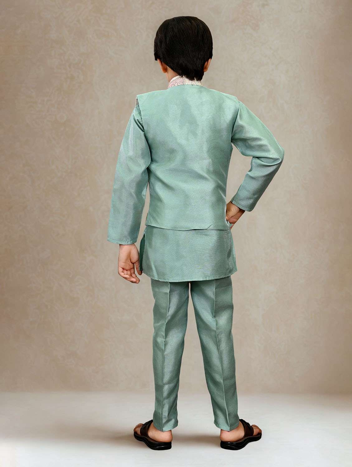 boys solid kurta and pyjama with embroidered nehru jacket - 22033573 - Standard Image - 3