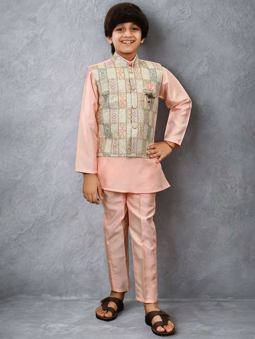 boys solid kurta and pyjama with embroidered nehru jacket  - 22033574 -  Standard Image - 0