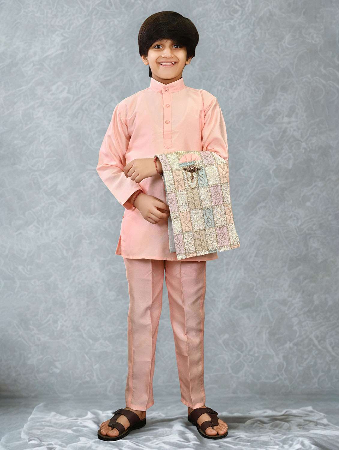 boys solid kurta and pyjama with embroidered nehru jacket - 22033574 - Standard Image - 3