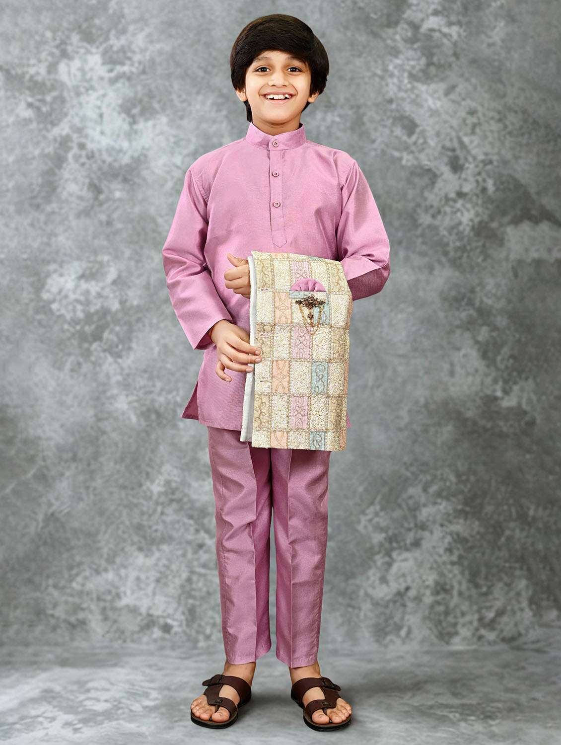 boys solid kurta and pyjama with embroidered nehru jacket  - 22033575 -  Standard Image - 3