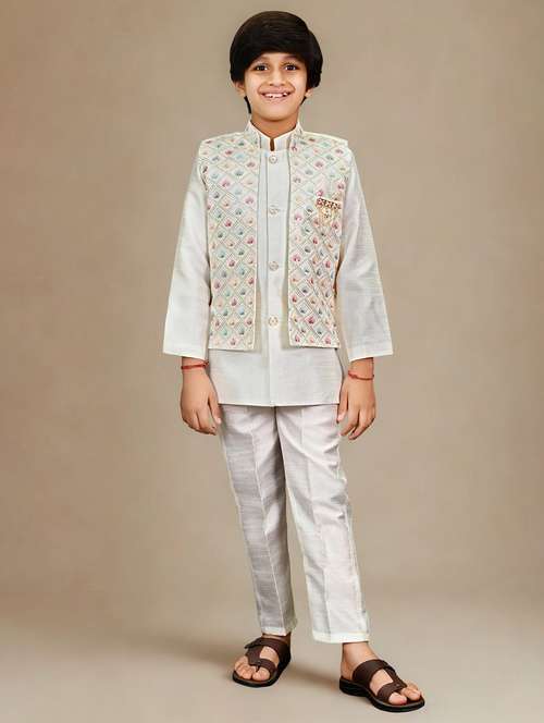 boys solid kurta and pyjama with embroidered nehru jacket - 22033576 - Standard Image - 0