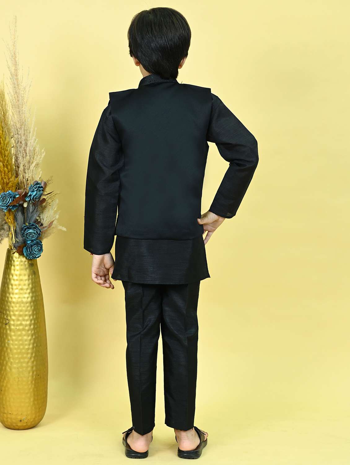 boys solid kurta and pyjama with embroidered nehru jacket  - 22033577 -  Standard Image - 3