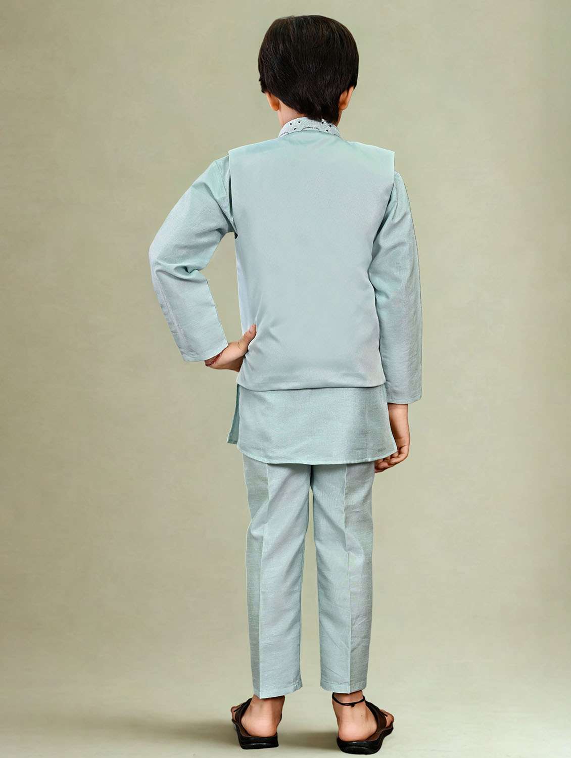 boys solid kurta and pyjama with embroidered nehru jacket  - 22033579 -  Standard Image - 3
