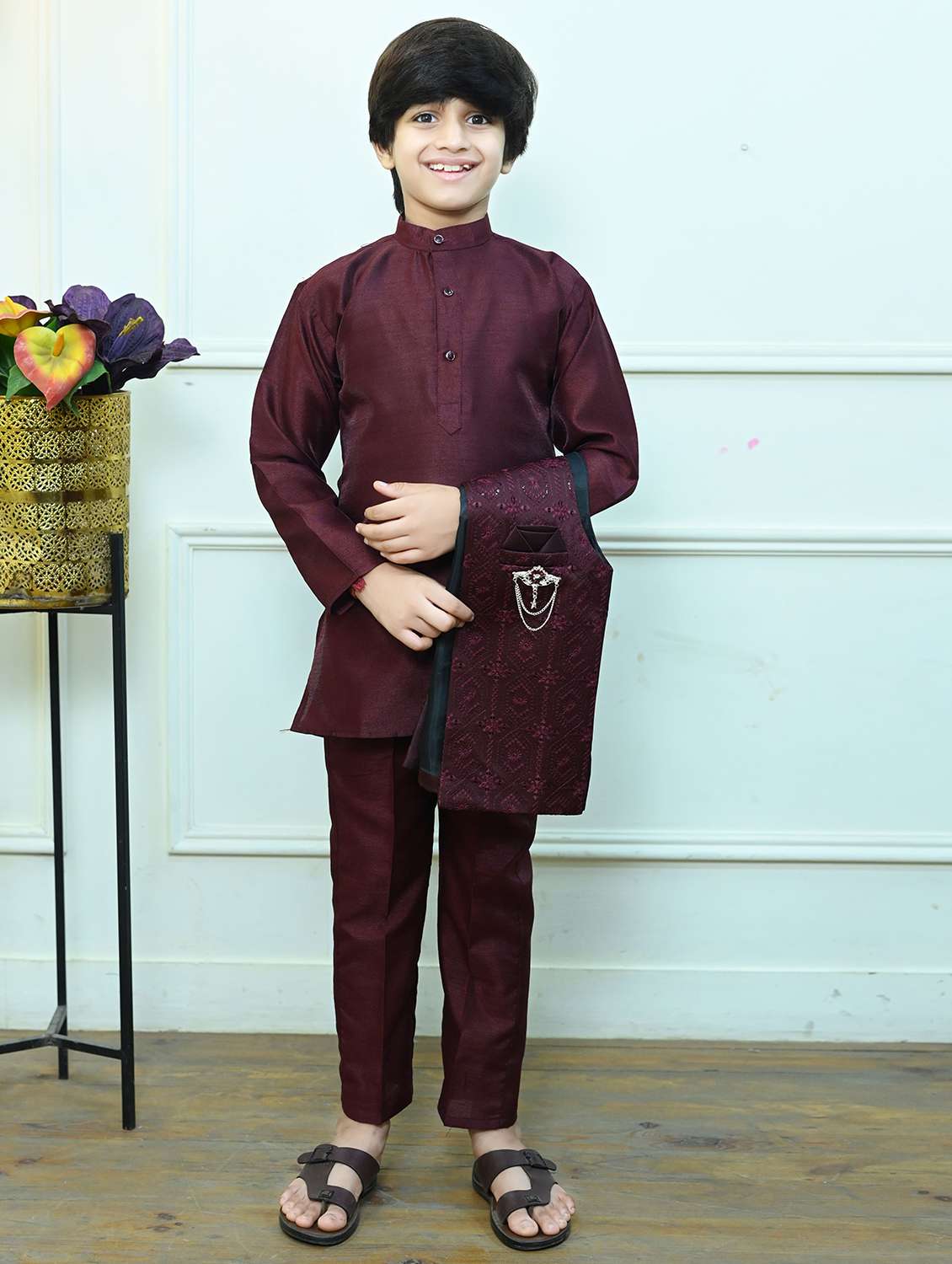 boys solid kurta and pyjama with embroidered nehru jacket  - 22033580 -  Standard Image - 3