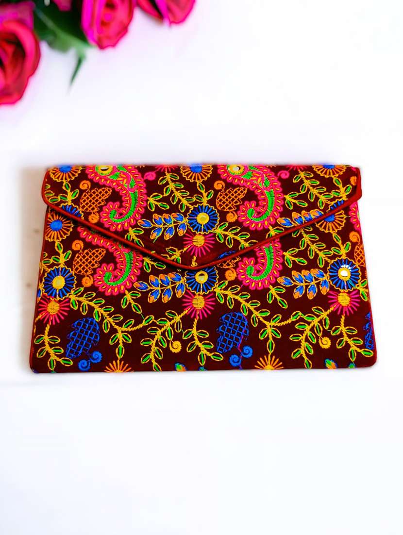 maroon embroidery velvet ethnic clutch with flap