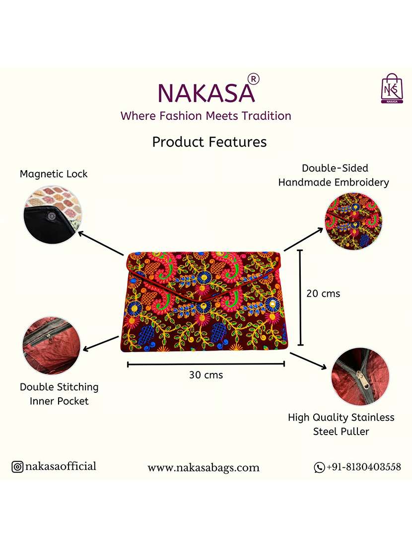 maroon embroidery velvet ethnic clutch with flap - 22033585 - Standard Image - 3