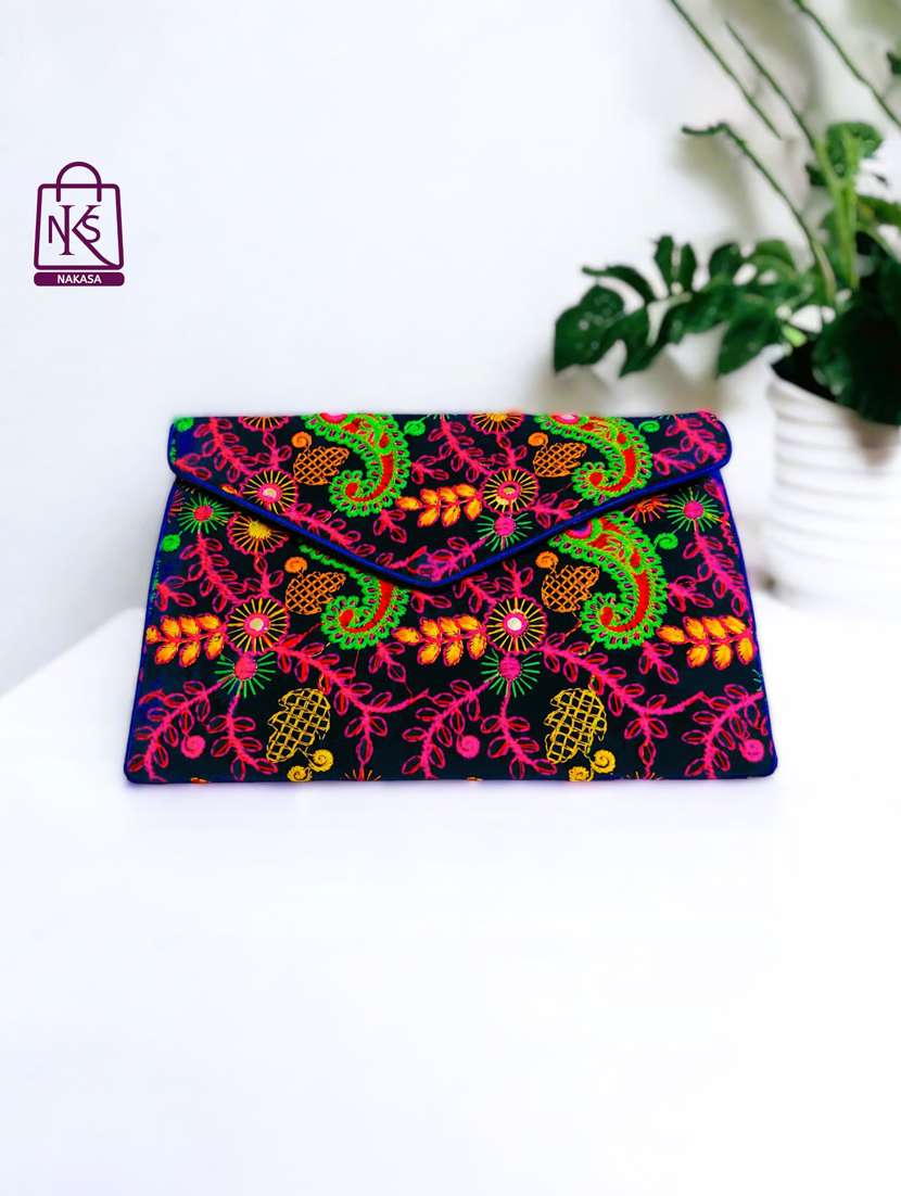 blue embroidery velvet ethnic clutch with flap
