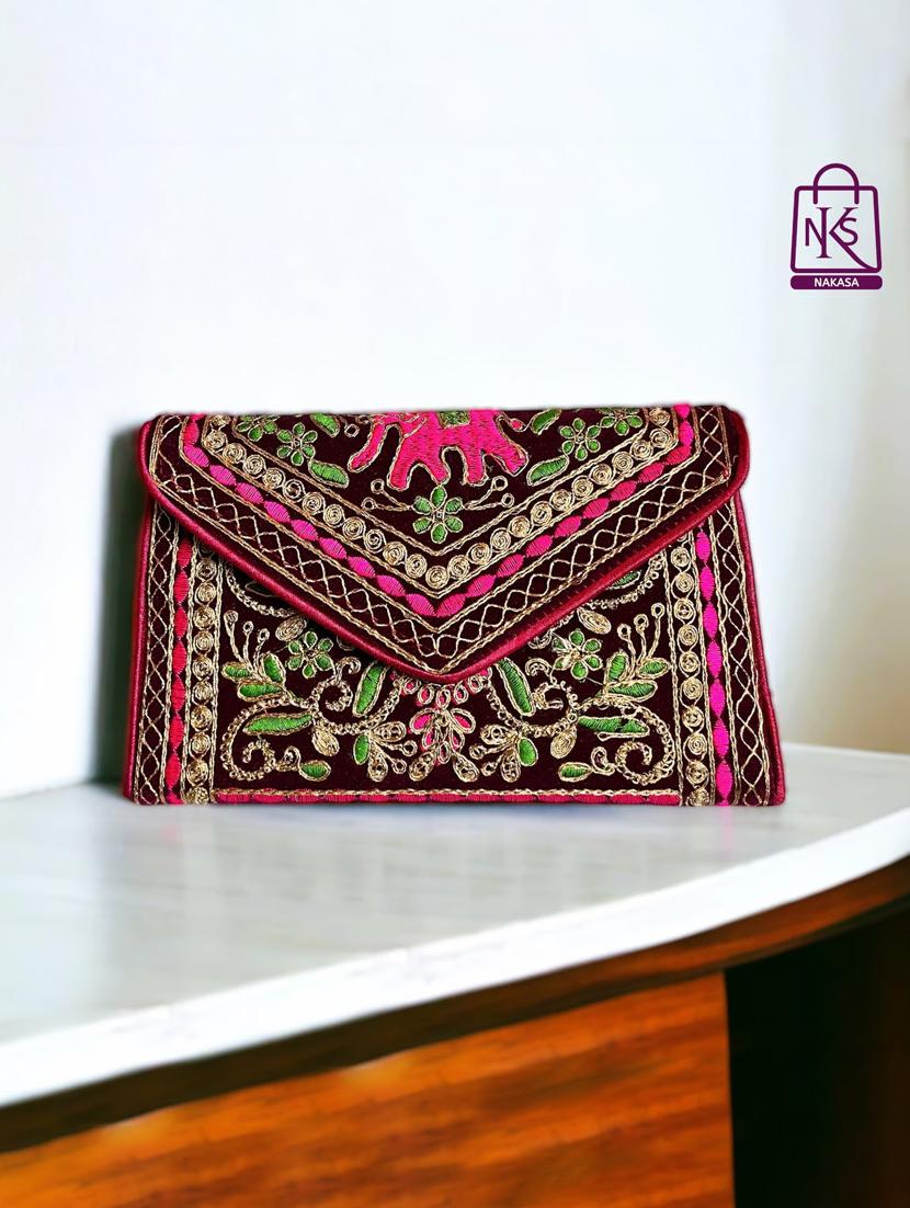 women velvet embroidery clutch with flap closure - 22033605 - Zoom Image - 0