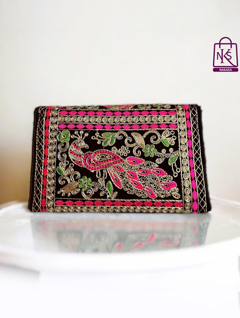 women velvet embroidery clutch with flap closure - 22033607 - Standard Image - 3
