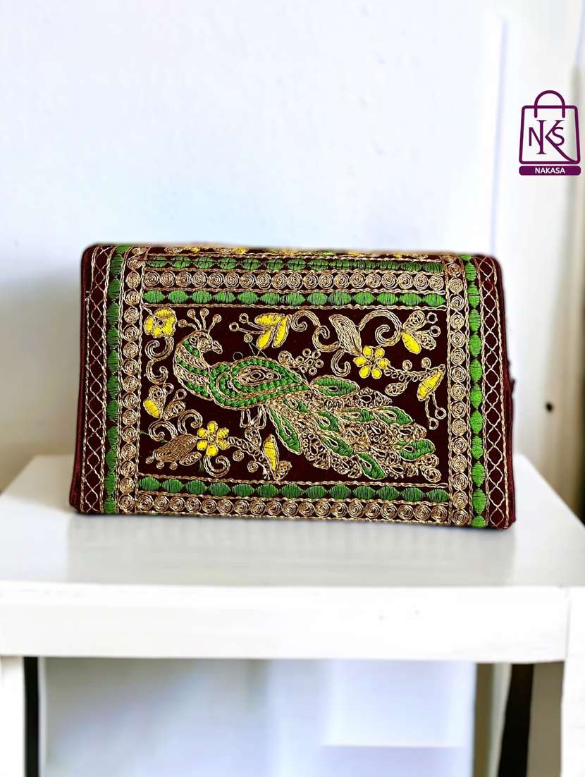 Women Velvet Embroidery Clutch With Flap Closure