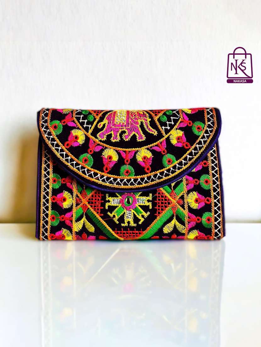 women velvet embroidery clutch with flap closure - 22033611 - Zoom Image - 0