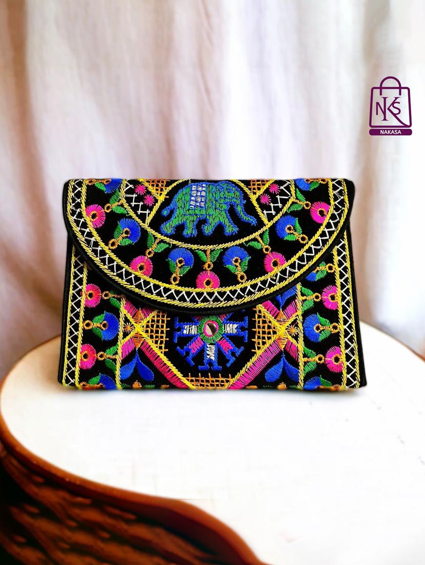 women velvet embroidery clutch with flap closure - 22033613 - Zoom Image - 0