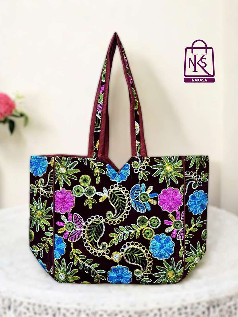 women floral embroidered tote bag