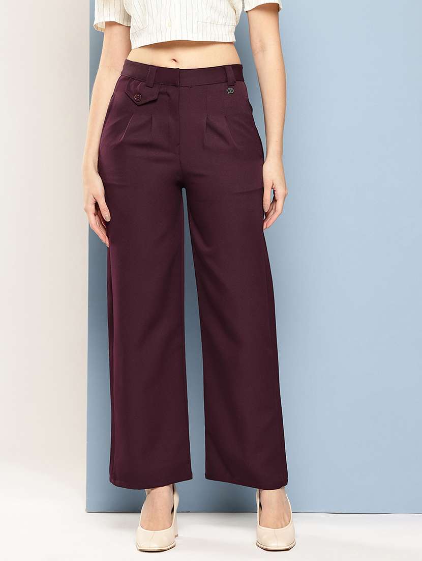 women solid mid rise straight trouser