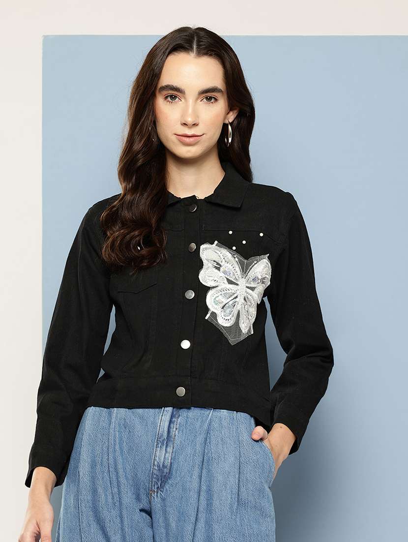 women solid with work long sleeve denim jacket