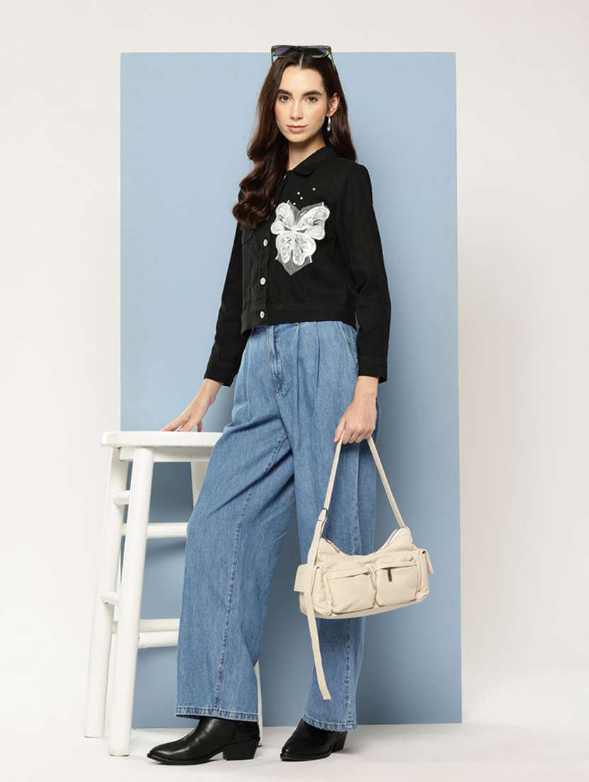 women solid with work long sleeve denim jacket - 22033737 -  Standard Image - 3