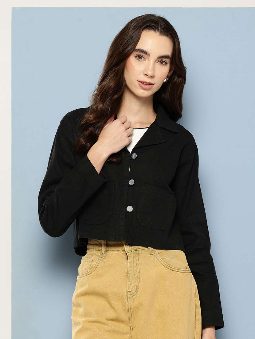 women solid long sleeve denim jacket