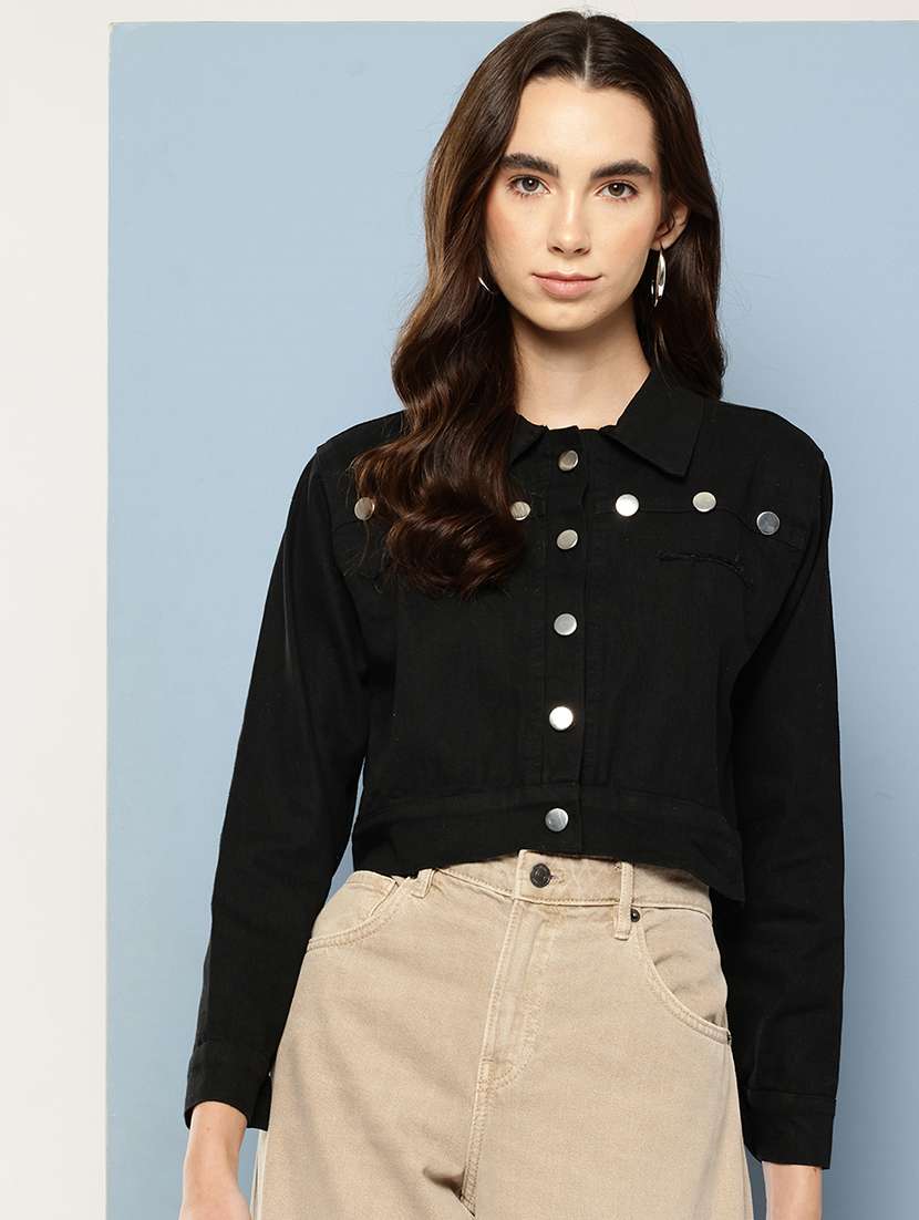 women solid long sleeve denim jacket