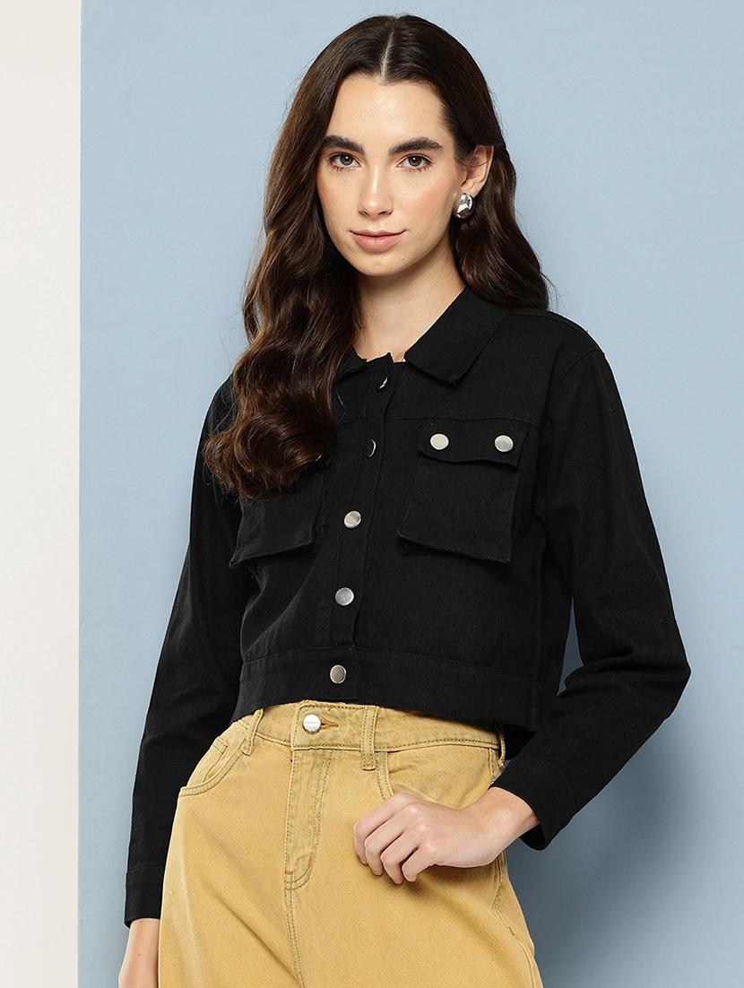 women solid long sleeve denim jacket - 22033742 - Zoom Image - 0