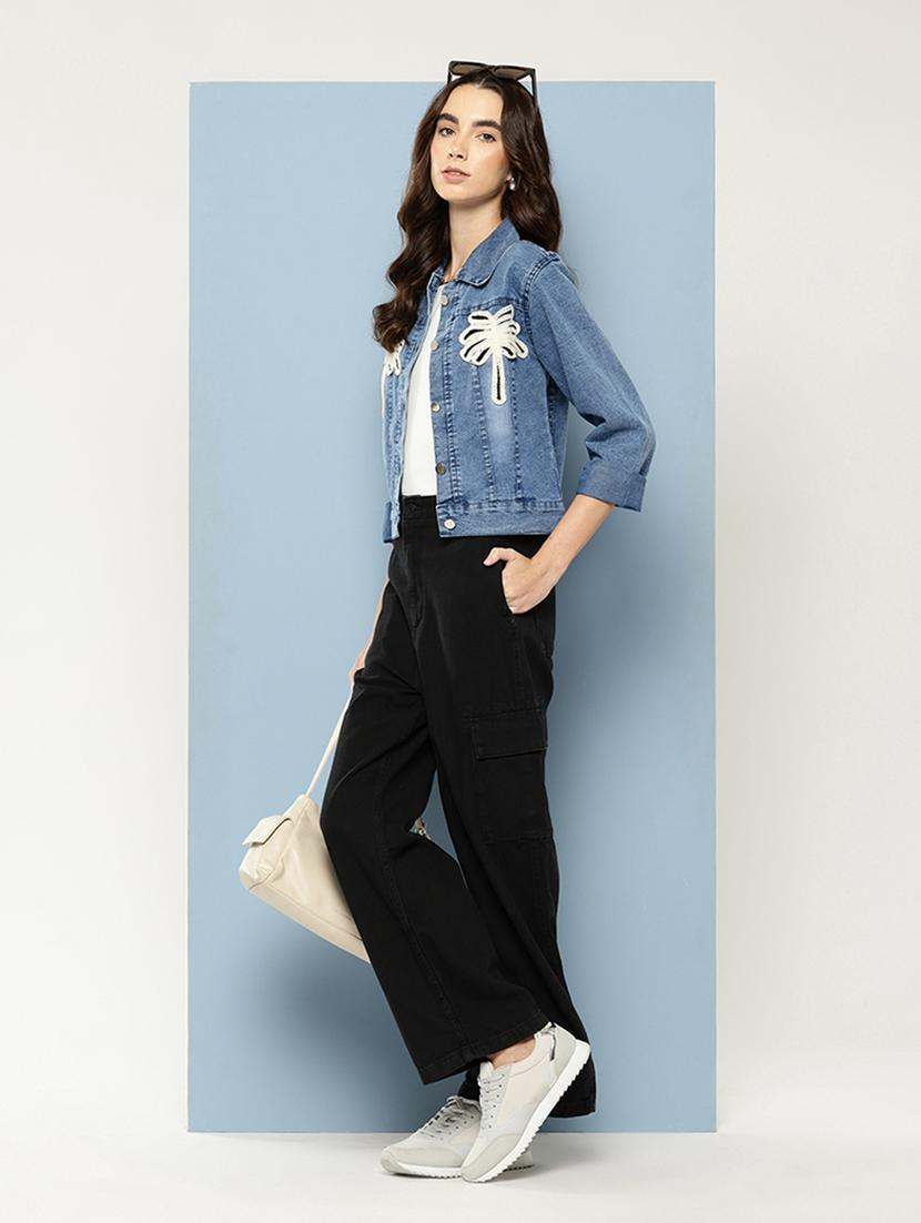 women solid with work long sleeve denim jacket - 22033744 - Standard Image - 3