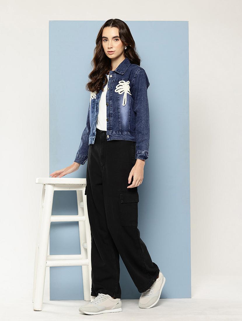 women solid with work long sleeve denim jacket - 22033745 - Standard Image - 3
