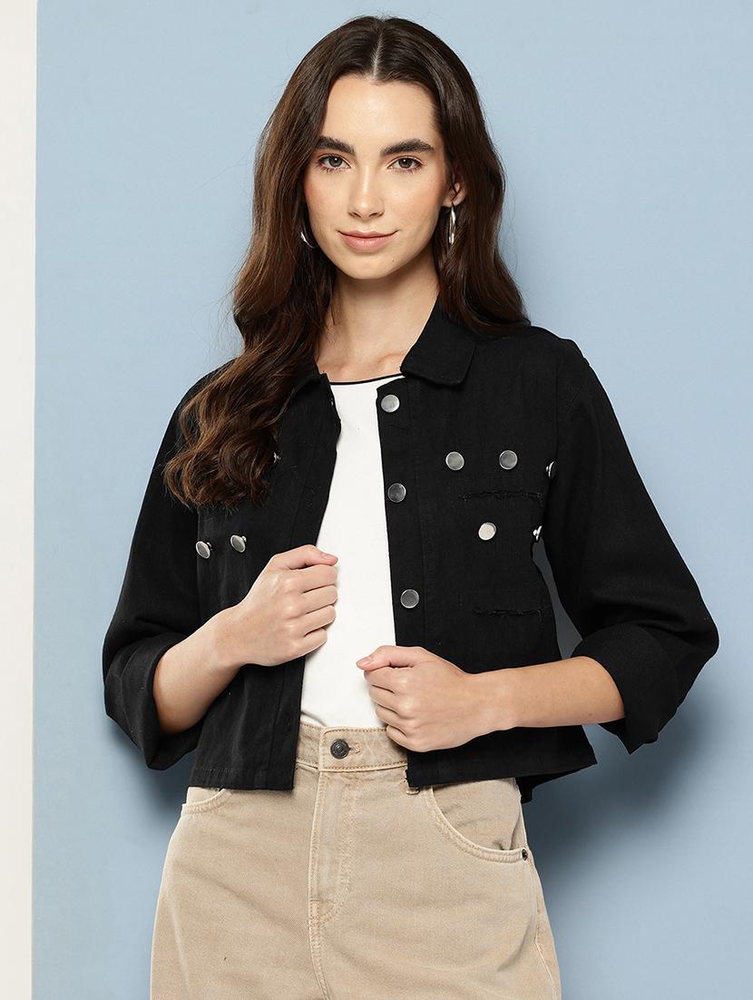 women solid long sleeve denim jacket - 22033747 - Zoom Image - 0
