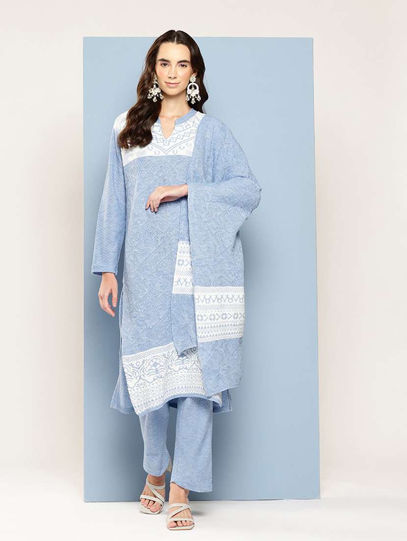 women self design long sleeve kurta pant with dupatta set