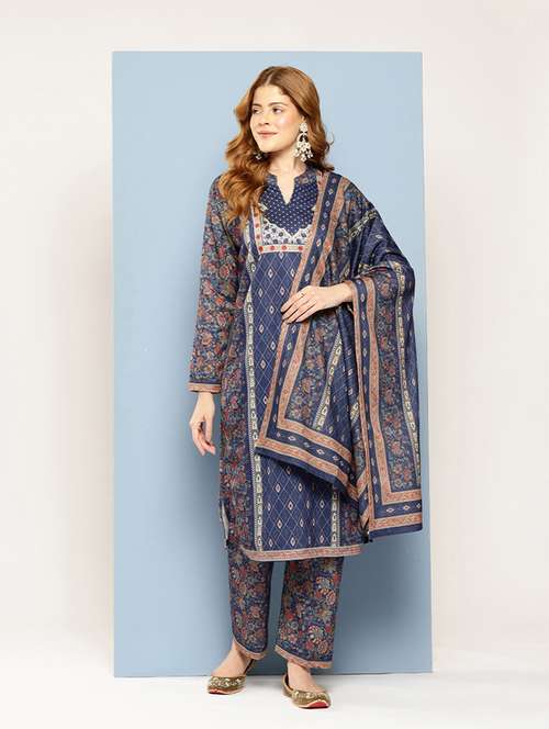 women self design long sleeve kurta pant with dupatta set