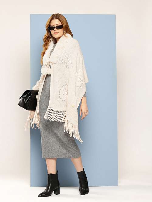 women self designed beige wool poncho - 22033764 - Standard Image - 0